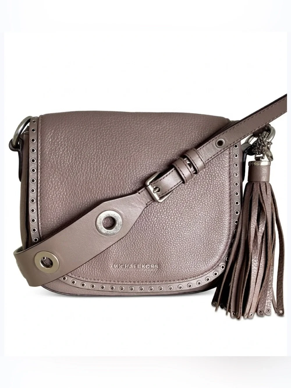Michael Kors Brooklyn Leather Medium Crossbody Saddle Bag with Studs and…